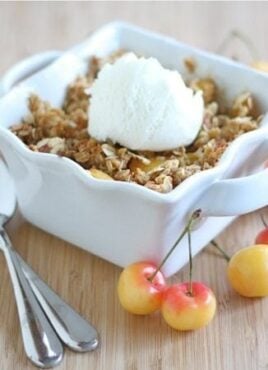 Fresh Cherry crisp topped with vanilla ice cream