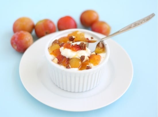roasted plums with Greek yogurt, honey, and almonds