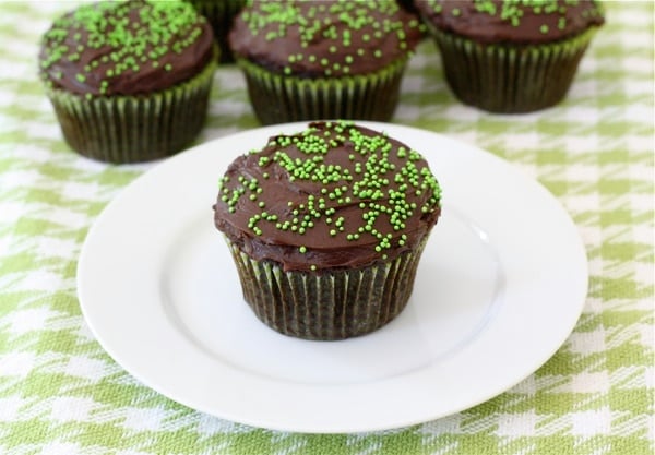 chocolate zucchini cupcake on plate. 