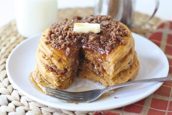Pumpkin Cinnamon Streusel Pancake Recipe on twopeasandtheirpod.com The BEST pumpkin pancakes! #recipe Pumpkin Cinnamon Streusel Pancake Recipe