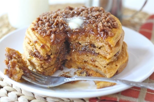 Pumpkin Cinnamon Streusel Pancake Recipe on twopeasandtheirpod.com A MUST make for fall! Pumpkin Cinnamon Streusel Pancake Recipe