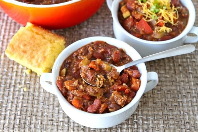 quinoa-chili3 Spoonful of Quinoa chili served with cornbread
