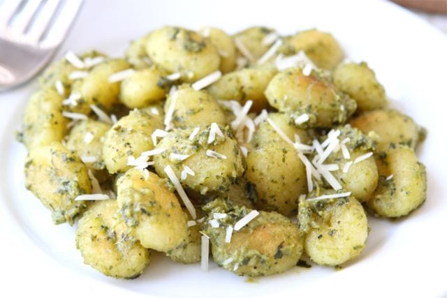 Crispy Gnocchi with Basil Pesto Recipe on twopeasandtheirpod.com So easy and so good! Crispy Gnocchi with Basil Pesto