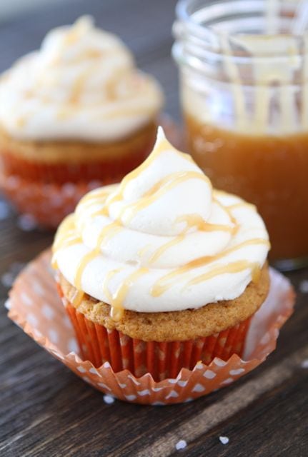 Brown Butter Pumpkin Cupcakes with Salted Caramel Frosting (www.twopeasandtheirpod.com) #recipe #pumpkin #cupcakes