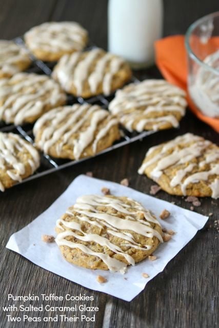 Pumpkin Toffee Cookies with Salted Caramel Glaze from www.twopeasandtheirpod.com #recipe #pumpkin