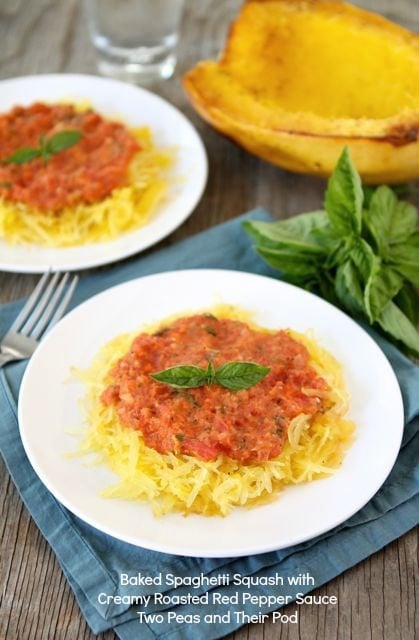 Baked Spaghetti Squash with Creamy Roasted Red Pepper Sauce from www.twopeasandtheirpod.com #recipe #gluten_free #vegetarian Spaghetti Squash with Roasted Red Pepper Sauce