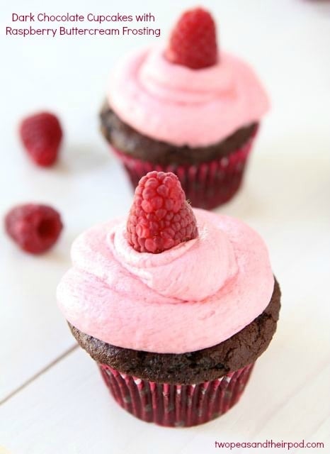 Dark Chocolate Cupcakes with Raspberry Buttercream Frosting from www.twopeasandtheirpod.com #cupcakes #recipe