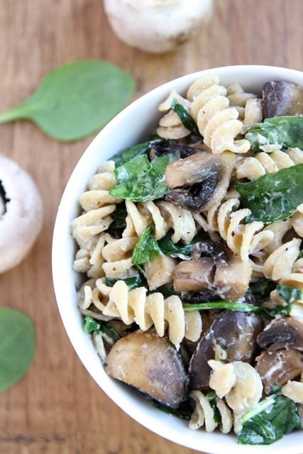 Creamy Goat Cheese Pasta with Spinach & Mushrooms from www.twopeasandtheirpod.com #vegetarian #meatless #recipe