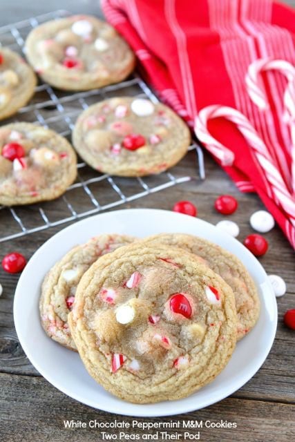 White Chocolate Peppermint M&M Cookies-a festive cookie for the holidays! www.twopeasandtheirpod.com #recipe #Christmas #cookie