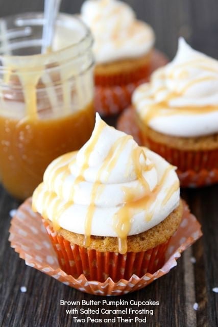 Brown Butter Pumpkin Cupcakes with Salted Caramel Frosting from www.twopeasandtheirpod.com #recipe