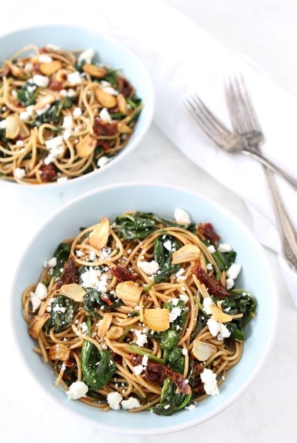 Spaghetti with Sun Dried Tomatoes & Spinach from www.twopeasandtheirpod.com #recipe