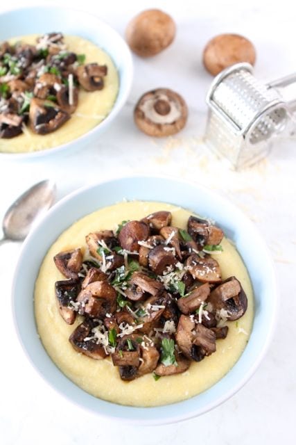 Creamy Polenta with Roasted Mushrooms from www.twopeasandtheirpod.com #recipe #vegetarian Polenta recipe with roasted mushrooms