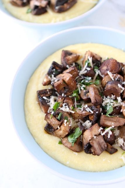 Creamy Polenta with Roasted Mushrooms | Two Peas and Their Pod | www.twopeasandtheirpod.com #recipe Creamy polenta recipe with roasted mushrooms and parmesan cheese