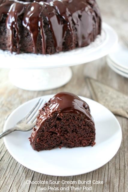 Chocolate Sour Cream Bundt Cake The most amazing chocolate cake and it's easy to make! #cake #chocolate #chocolatecake #dessert slice of Bundt Cake drizzled with chocolate