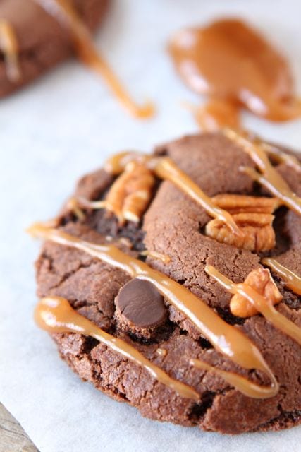 Chocolate Turtle Cookie Recipe on www.twopeasandtheirpod.com chocolate-turtle-cookies2