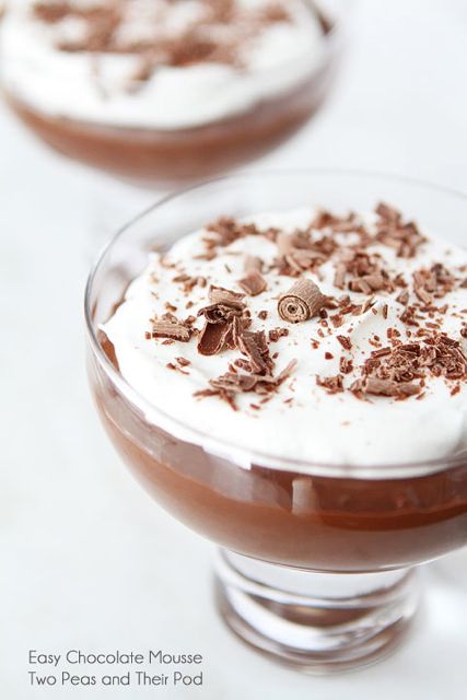 Easy Chocolate Mousse with Whipped Cream and Chocolate Curls-recipe on www.twopeasandtheirpod.com Easy Chocolate Mousse with chocolate shavings and cream on top