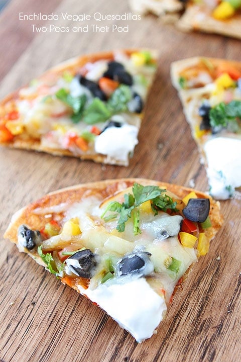 Quick and easy Open-Faced Enchilada Veggie Quesadillas on www.twopeasandtheirpod.com TK-Blog-Veggie-Enchilada-Quesadillas-20