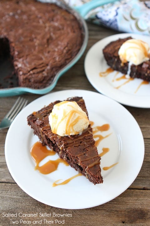 Salted Caramel Skillet Brownies Recipe on twopeasandtheirpod.com The BEST brownies ever! Salted Caramel Skillet Brownies