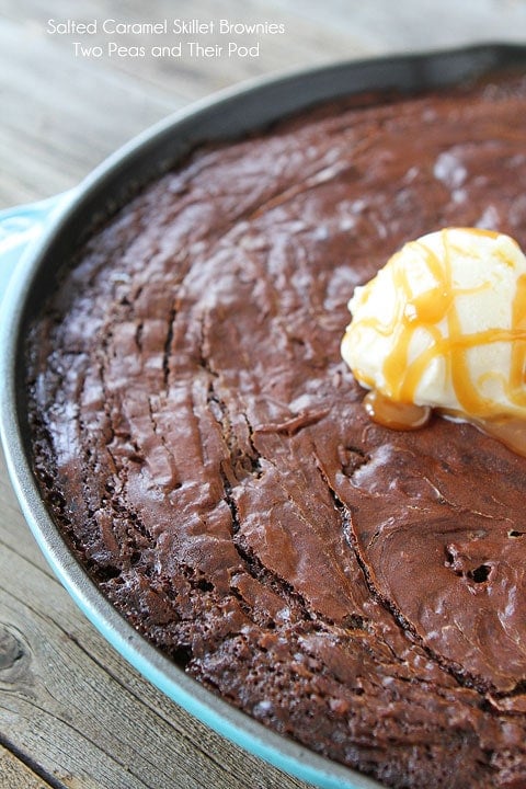 Salted Caramel Skillet Brownies on twopeasandtheirpod.com You have to make these! Salted Caramel Skillet Brownies Recipe