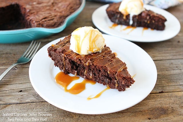 Salted Caramel Skillet Brownies on twopeasandtheirpod.com Fudgy brownies with gooey salted caramel-you NEED these brownies! Salted-Caramel-Skillet-Brownies-3