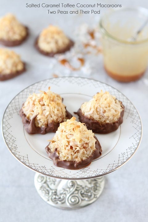 Salted Caramel Toffee Coconut Macaroons Dipped in Chocolate #coconut #macaroons #Easter #saltedcaramel #chocolate #cookies #glutenfree Salted Caramel Toffee Coconut Macaroons Recipe