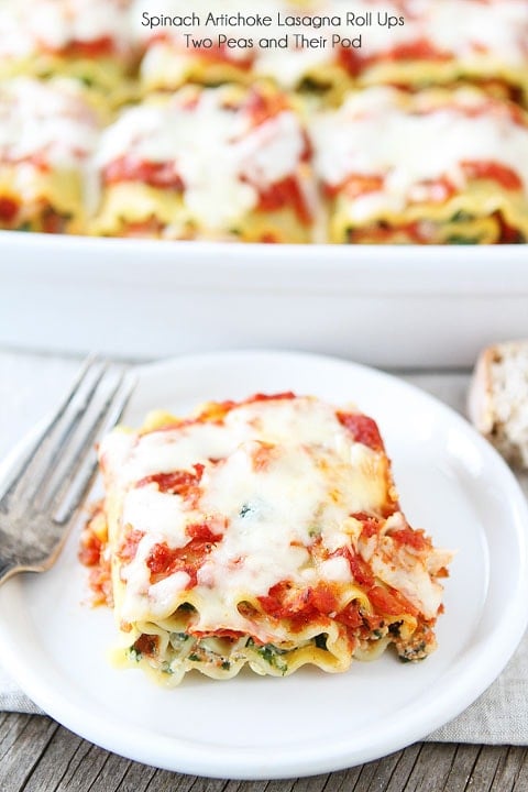 Spinach Artichoke Lasagna Roll Ups Recipe on twopeasandtheirpod.com Spinach Artichoke Lasagna Roll Ups Recipe