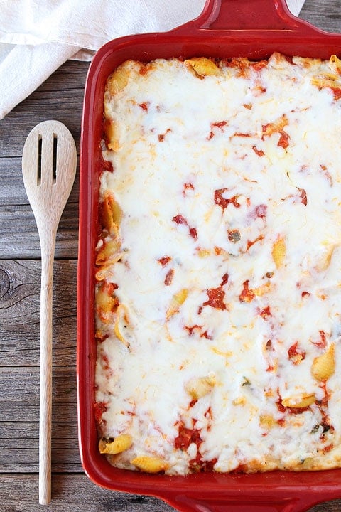 Baked Pasta with Spinach and Ricotta on www.twopeasandtheirpod.com ricotta pasta bake with spinach in casserole dish