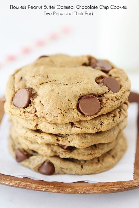 Flourless Peanut Butter Chocolate Chip Oatmeal Cookies on twopeasandtheirpod.com Flourless Peanut Butter Chocolate Chip Oatmeal Cookies on twopeasandtheirpod.com