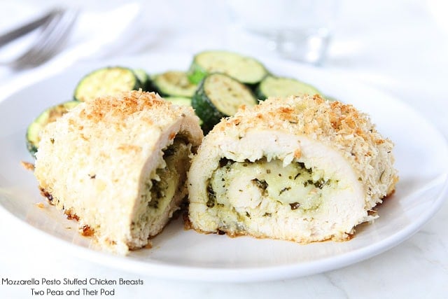Mozzarella Pesto Stuffed Chicken Breasts Recipe on twopeasandtheirpod.com Simple to make-a family favorite! Pesto Stuffed Chicken Breasts Recipe with Mozzarella Cheese