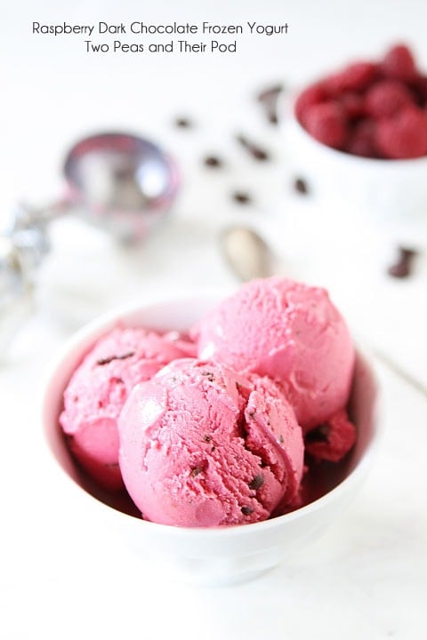 Raspberry Dark Chocolate Frozen Yogurt Recipe on twopeasandtheirpod.com A simple summer treat! Raspberry Dark Chocolate Frozen Yogurt Recipe on twopeasandtheirpod.com A simple summer treat!