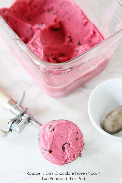 Raspberry Dark Chocolate Frozen Yogurt on twopeasandtheirpod.com So easy to make at home! Raspberry Dark Chocolate Frozen Yogurt on twopeasandtheirpod.com So easy to make at home!
