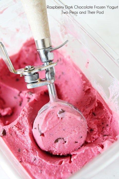 Raspberry Dark Chocolate Frozen Yogurt Recipe on twopeasandtheirpod.com Raspberry Dark Chocolate Frozen Yogurt Recipe on twopeasandtheirpod.com