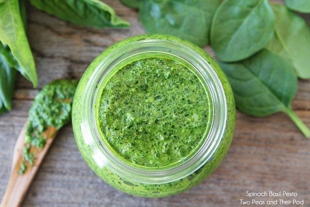 Easy Spinach Basil Pesto Recipe is great with pasta, fish, chicken, salads, and sandwiches Easy Spinach Basil Pesto in jar