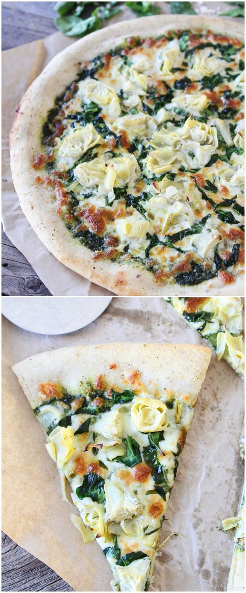 Spinach Artichoke Pesto Pizza on twopeasandtheirpod.com One of my all-time favorite pizzas!