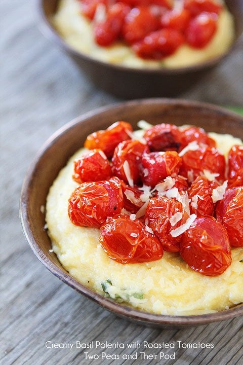 Easy Creamy Basil Polenta with Roasted Tomatoes Recipe on twopeasandtheirpod.com A simple and tasty meal! Easy Creamy Basil Polenta with Roasted Tomatoes Recipe on twopeasandtheirpod.com A simple and tasty meal!