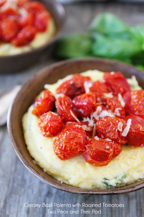 Easy Creamy Basil Polenta with Roasted Tomatoes Recipe on twopeasandtheirpod.com A tasty meal in under 30 minutes! Easy Creamy Basil Polenta with Roasted Tomatoes Recipe on twopeasandtheirpod.com A tasty meal in under 30 minutes!