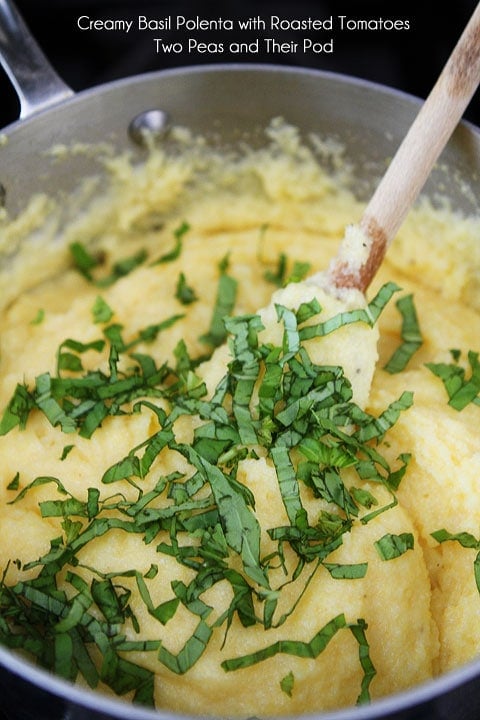 Easy Creamy Basil Polenta with Roasted Tomatoes Recipe on twopeasandtheirpod.com Easy Creamy Basil Polenta with Roasted Tomatoes Recipe on twopeasandtheirpod.com
