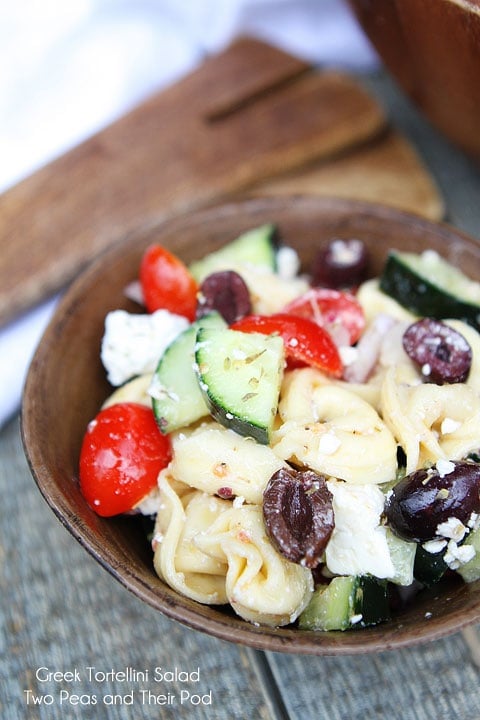 Greek Tortellini Salad Recipe on twopeasandtheirpod.com Tortellini Salad with feta cheese, cucumber and olives