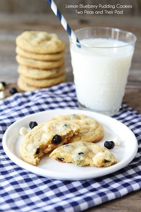 Lemon Blueberry Pudding Cookie Recipe on twopeasandtheirpod.com Soft lemon cookies with dried blueberries and white chocolate chips! Lemon Blueberry Pudding Cookie Recipe on twopeasandtheirpod.com Soft lemon cookies with dried blueberries and white chocolate chips!