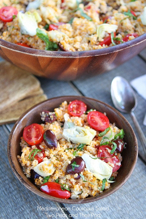 Mediterranean Couscous Salad Recipe on twopeasandtheirpod.com Cous Cous Salad in Bowl with tomatoes
