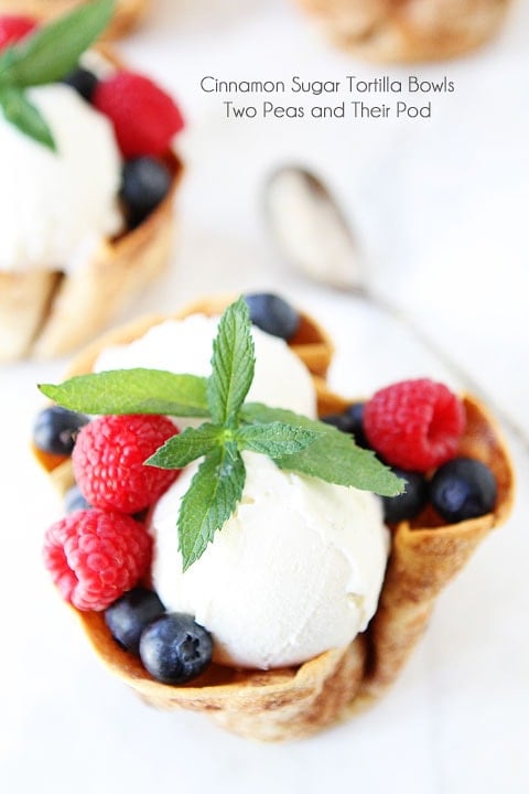 Cinnamon Sugar Tortilla Ice Cream Bowls Recipe on twopeasandtheirpod.com Cinnamon Sugar Tortilla Ice Cream Bowls Recipe on twopeasandtheirpod.com