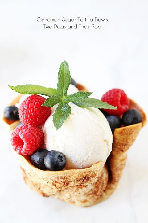 Cinnamon Sugar Tortilla Ice Cream Bowls Recipe on twopeasandtheirpod.com A simple and fun dessert! Cinnamon Sugar Tortilla Ice Cream Bowls Recipe on twopeasandtheirpod.com A simple and fun dessert!