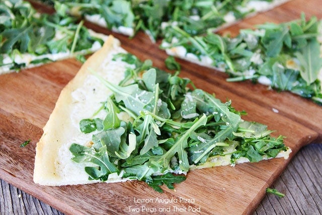 Lemon Arugula Pizza with Mozzarella and Parmesan Cheese on twopeasandtheirpod.com Lemon Arugula Pizza with Mozzarella and Parmesan Cheese on twopeasandtheirpod.com