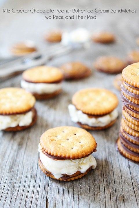 Ritz Cracker Chocolate Peanut Butter Ice Cream Sandwich Recipe on twopeasandtheirpod.com Love these bite-size ice cream sandwiches! Ritz Cracker Chocolate Peanut Butter Ice Cream Sandwich Recipe on twopeasandtheirpod.com Love these bite-size ice cream sandwiches!