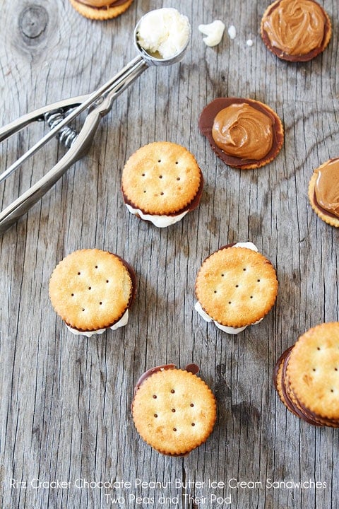 Ritz Cracker Chocolate Peanut Butter Ice Cream Sandwiches on twopeasandtheirpod.com Ritz Cracker Chocolate Peanut Butter Ice Cream Sandwiches on twopeasandtheirpod.com