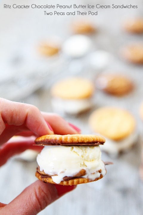 Ritz Cracker Chocolate Peanut Butter Ice Cream Sandwiches on twopeasandtheirpod.com A fun summer treat! Ritz Cracker Chocolate Peanut Butter Ice Cream Sandwiches on twopeasandtheirpod.com A fun summer treat!