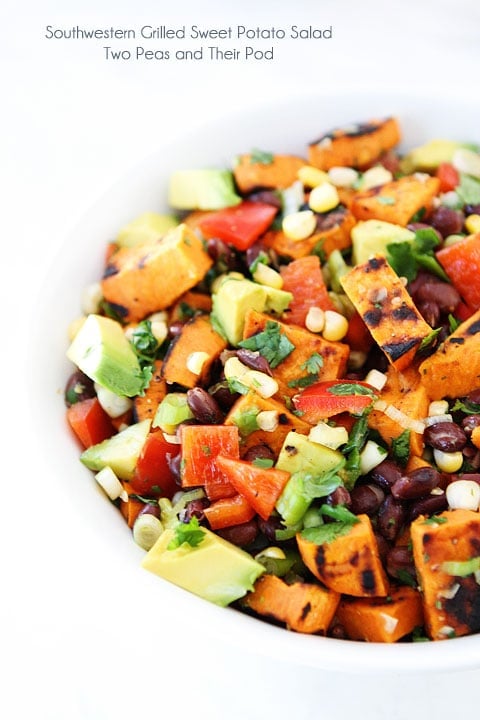 Southwestern Grilled Sweet Potato Salad Recipe on twopeasandtheirpod.com Love this summer salad! Grilled Sweet Potato Salad with black beans, corn, avocado, red pepper, and cilantro in bowl