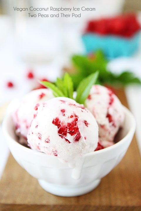 Vegan Coconut Raspberry Ice Cream Recipe on twopeasandtheirpod.com Only 4 ingredients needed to make this divine ice cream! vegan ice cream recipe with 4 ingredients