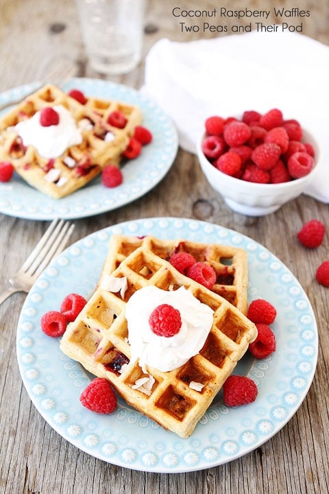 Coconut Raspberry Waffles with Coconut Whipped Cream Recipe on twopeasandtheirpod.com Coconut Raspberry Waffles with Coconut Whipped Cream Recipe on twopeasandtheirpod.com