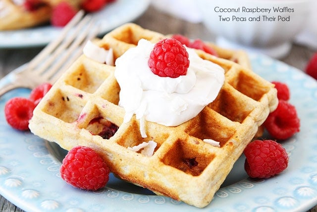 Coconut Raspberry Waffles with Coconut Whipped Cream Recipe on twopeasandtheirpod.com #recipe Coconut Raspberry Waffles with Coconut Whipped Cream Recipe on twopeasandtheirpod.com #recipe